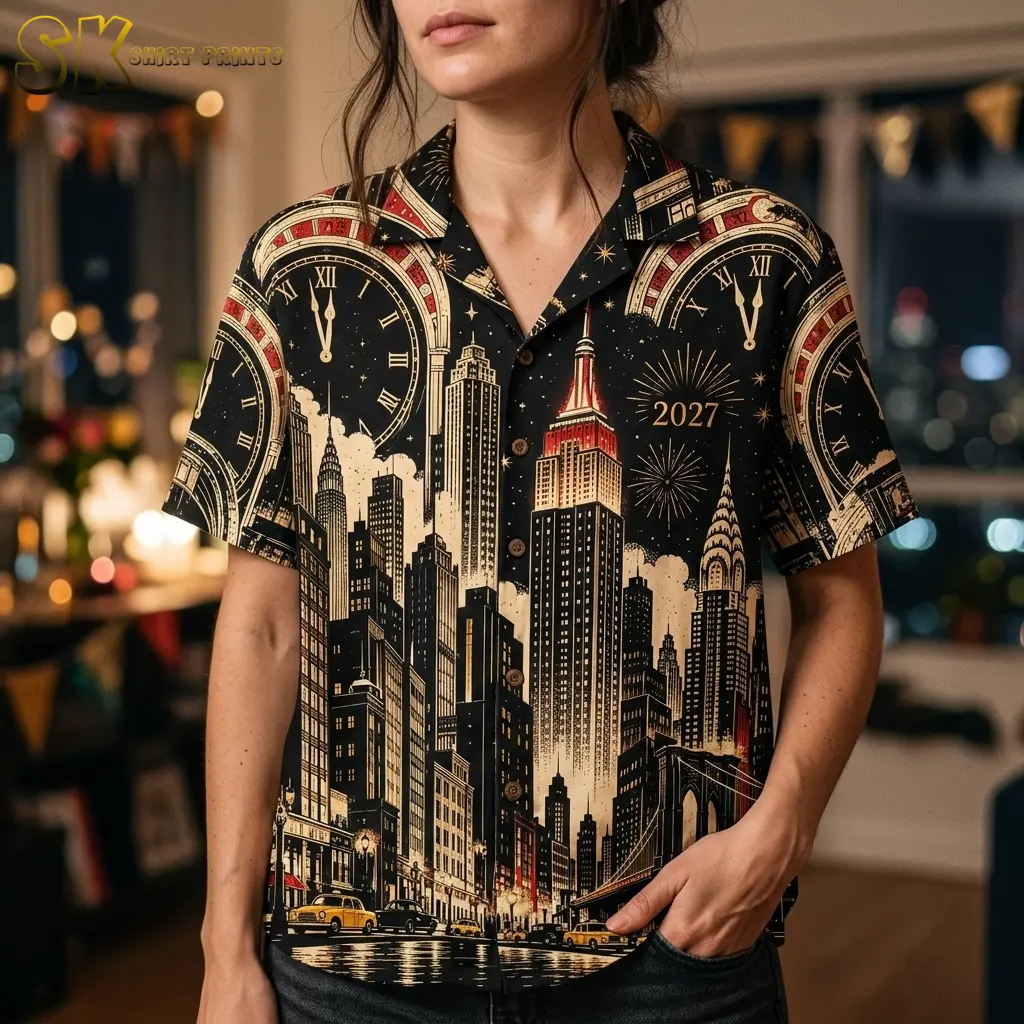 A woman wears the black button-up shirt with jeans, showing cream clock faces, red building accents, and 2027 on the chest.