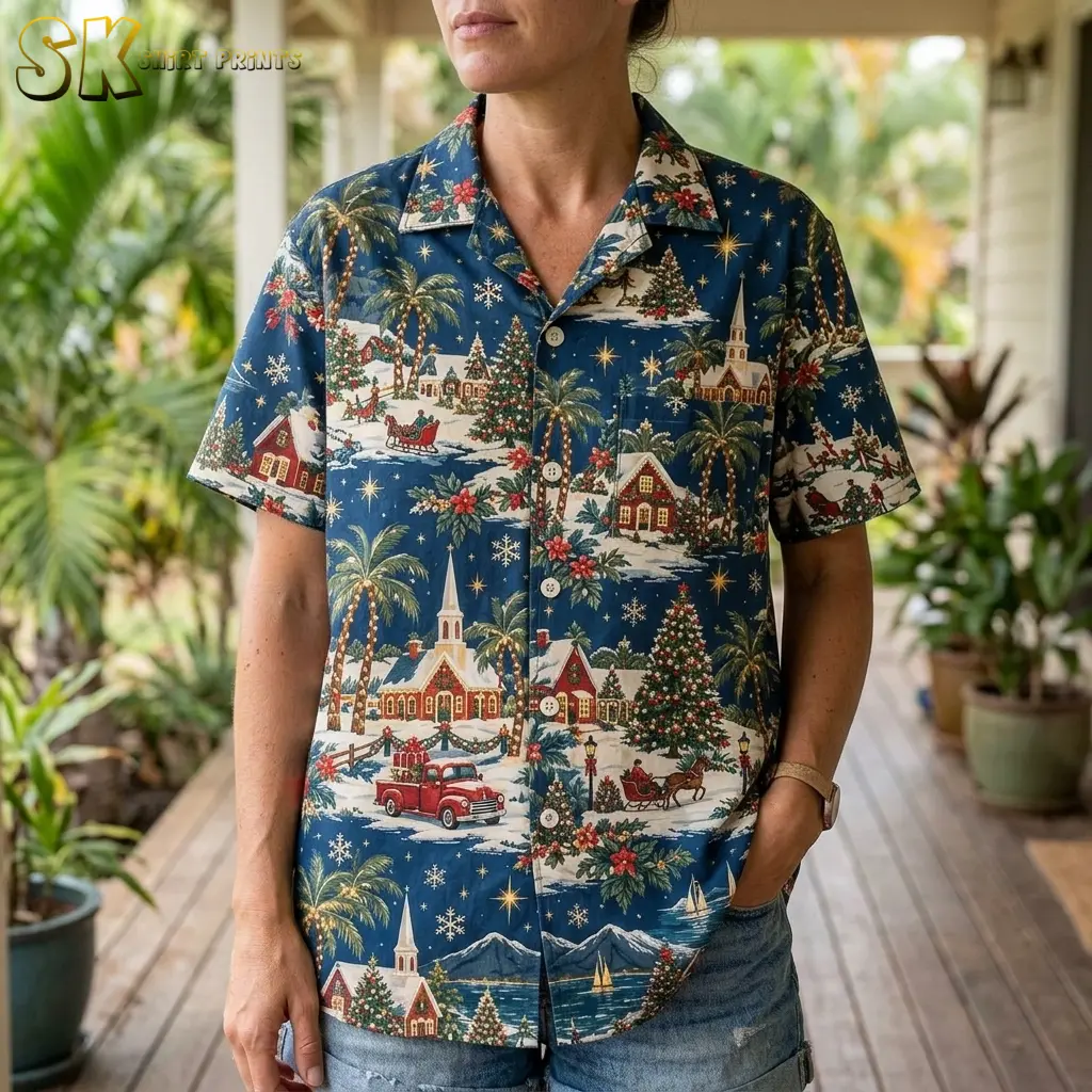 A woman standing on a covered porch wearing a hawaiian christmas shirt womens style, with the palm-lined village scene, red truck, and horse-drawn sleigh motifs filling the front panel.