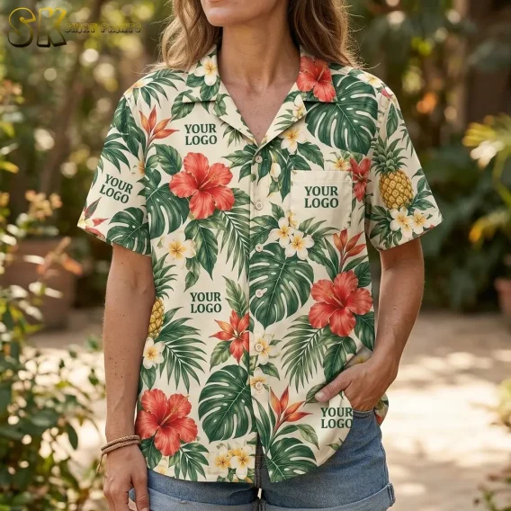 A woman wearing a custom logo Hawaiian shirt stands in a shaded garden, showing the hibiscus and monstera print with logo text across the front and on the breast pocket.