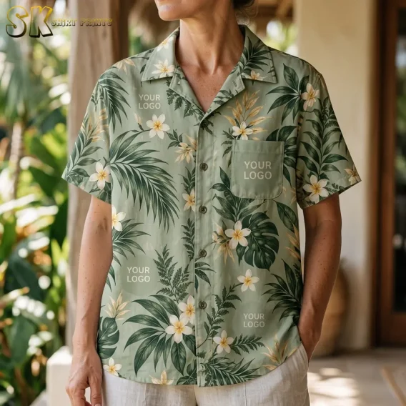 A woman standing on a shaded porch wearing a sage green custom logo hawaiian shirt, with the chest pocket, button placket, and scattered logo placeholder text clearly visible against the botanical print.