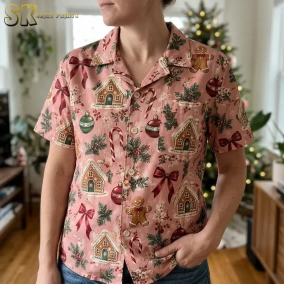 A woman wearing the pink gingerbread-print shirt indoors with a lit Christmas tree behind her, showing the candy canes, ornaments, and icing-detailed houses up close.