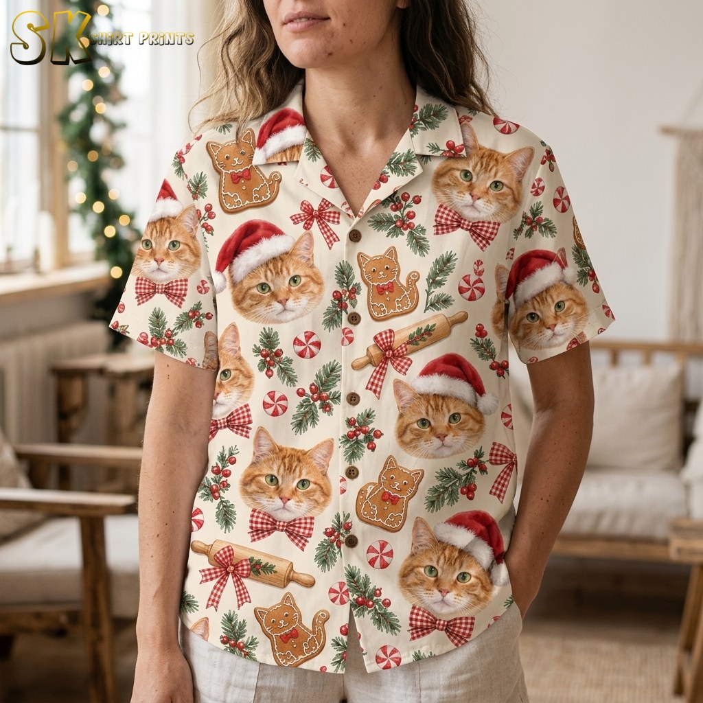 A woman wearing a hawaiian christmas shirt womens style, featuring large orange tabby cat faces, gingerbread cat cookies, rolling pins with red gingham ribbons, and holly sprigs, photographed from the waist up in a softly lit living room.
