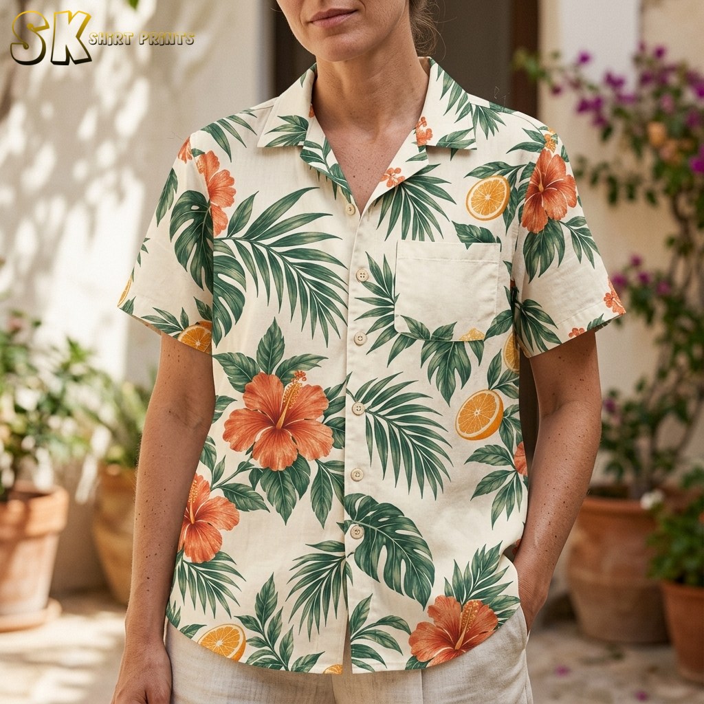 A woman wearing the cream tropical shirt stands in a sunlit courtyard, with the chest patch pocket and the orange hibiscus and fruit print clearly visible at close range.