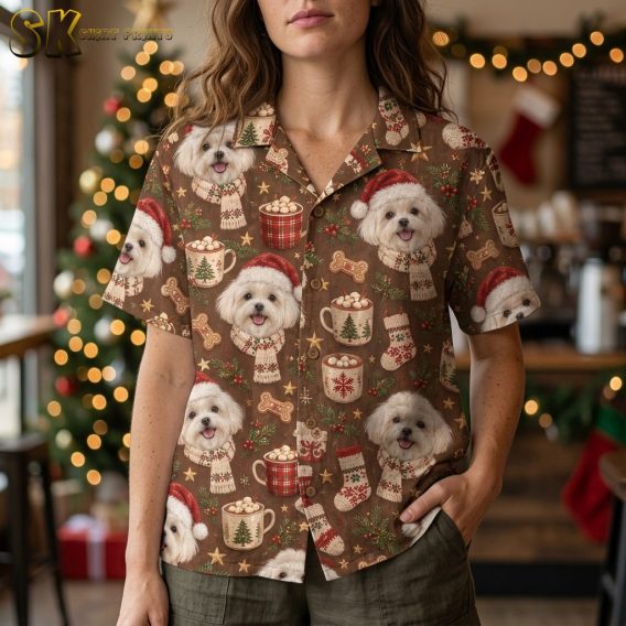 A woman wearing the brown xmas hawaiian shirt stands in a warmly lit café with a Christmas tree in the background, and the close-up framing shows the detailed Maltese faces, holly sprigs, and snowflake-patterned stockings clearly.