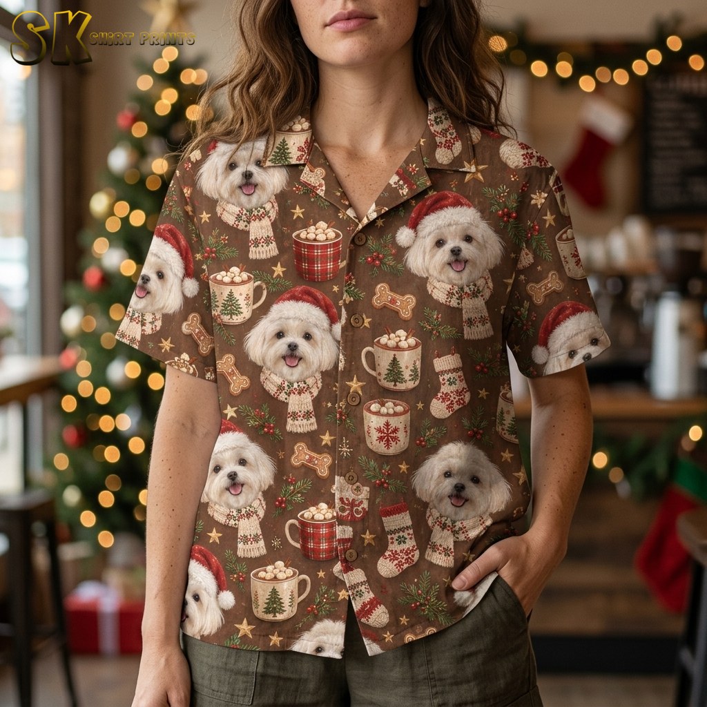 A woman wearing the brown xmas hawaiian shirt stands in a warmly lit café with a Christmas tree in the background, and the close-up framing shows the detailed Maltese faces, holly sprigs, and snowflake-patterned stockings clearly.