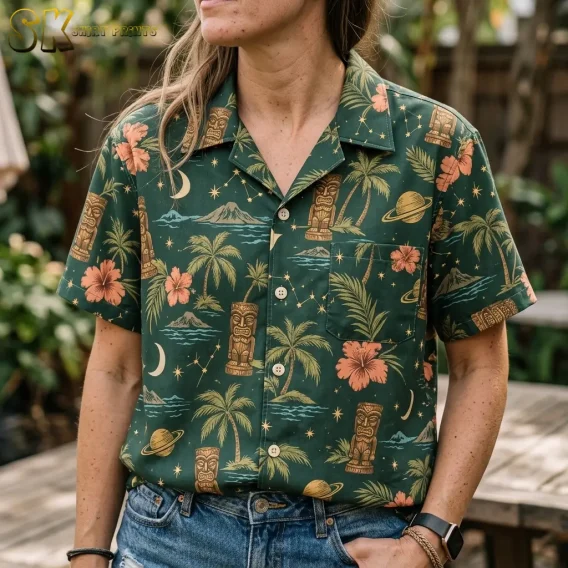 A woman with long hair wears the dark green shirt unbuttoned at the collar, with constellation lines, crescent moons, and tiki statues clearly visible across the chest and front panel.
