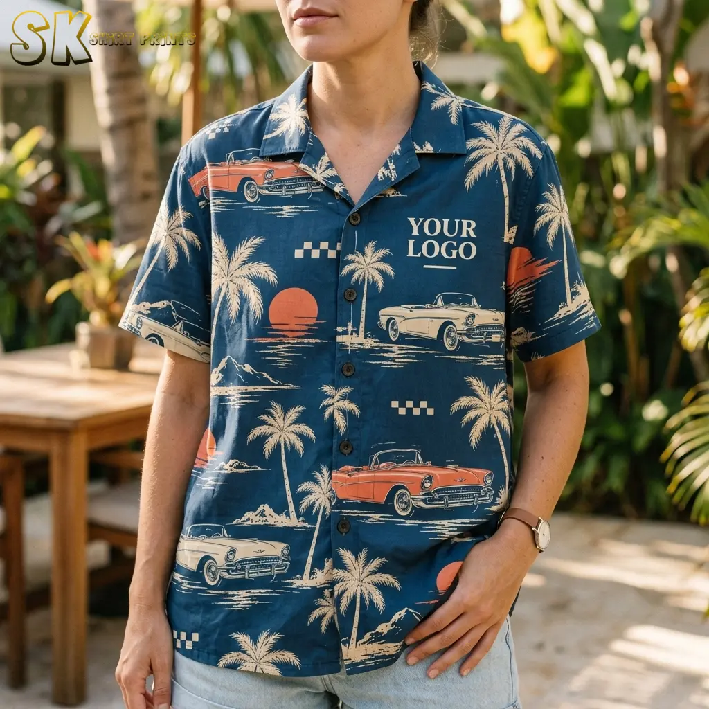 A woman wearing a custom Hawaiian shirt with your logo text on the chest, showing the cream and orange vintage convertible car motifs up close against the dark teal background.