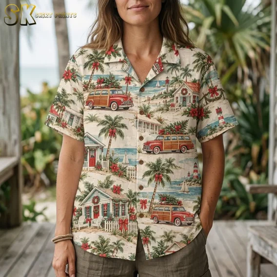 A woman wears a cream holiday-print button-up with red woodie cars, palm trees, and wreath-decorated cottages in a close front view.