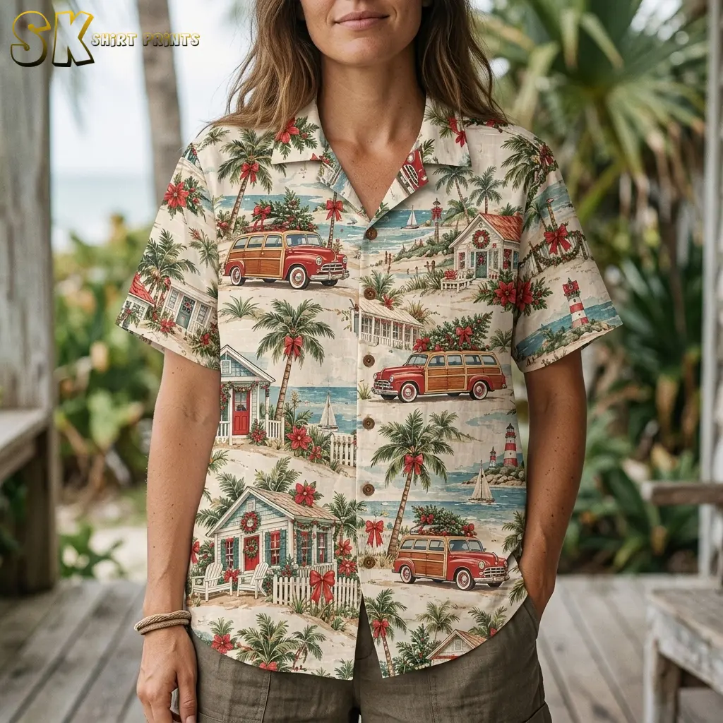 A woman wears a cream holiday-print button-up with red woodie cars, palm trees, and wreath-decorated cottages in a close front view.