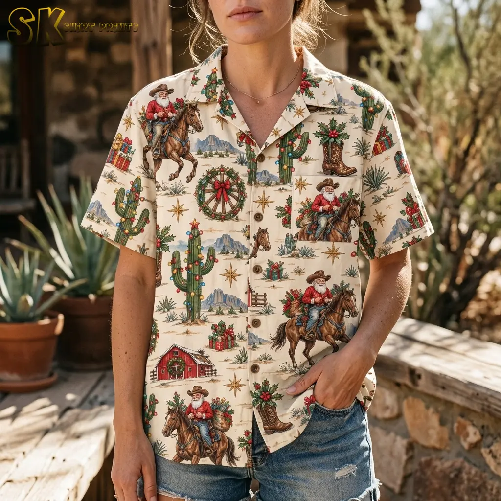 A woman wears a cream cowboy Santa shirt with denim shorts, showing the button front and horse-print chest pocket.