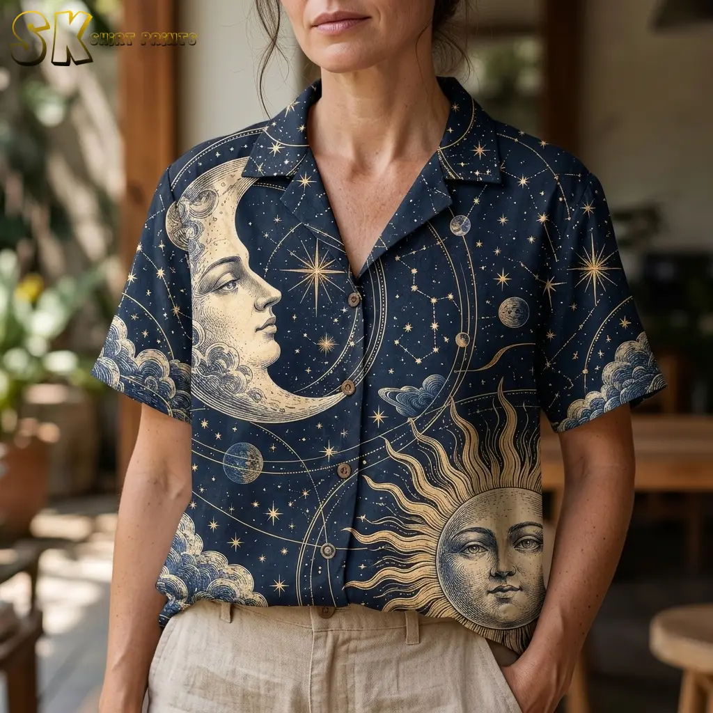 A woman wears the navy button-up shirt with beige pants, showing the camp collar, crescent moon face, and detailed sun artwork up close.