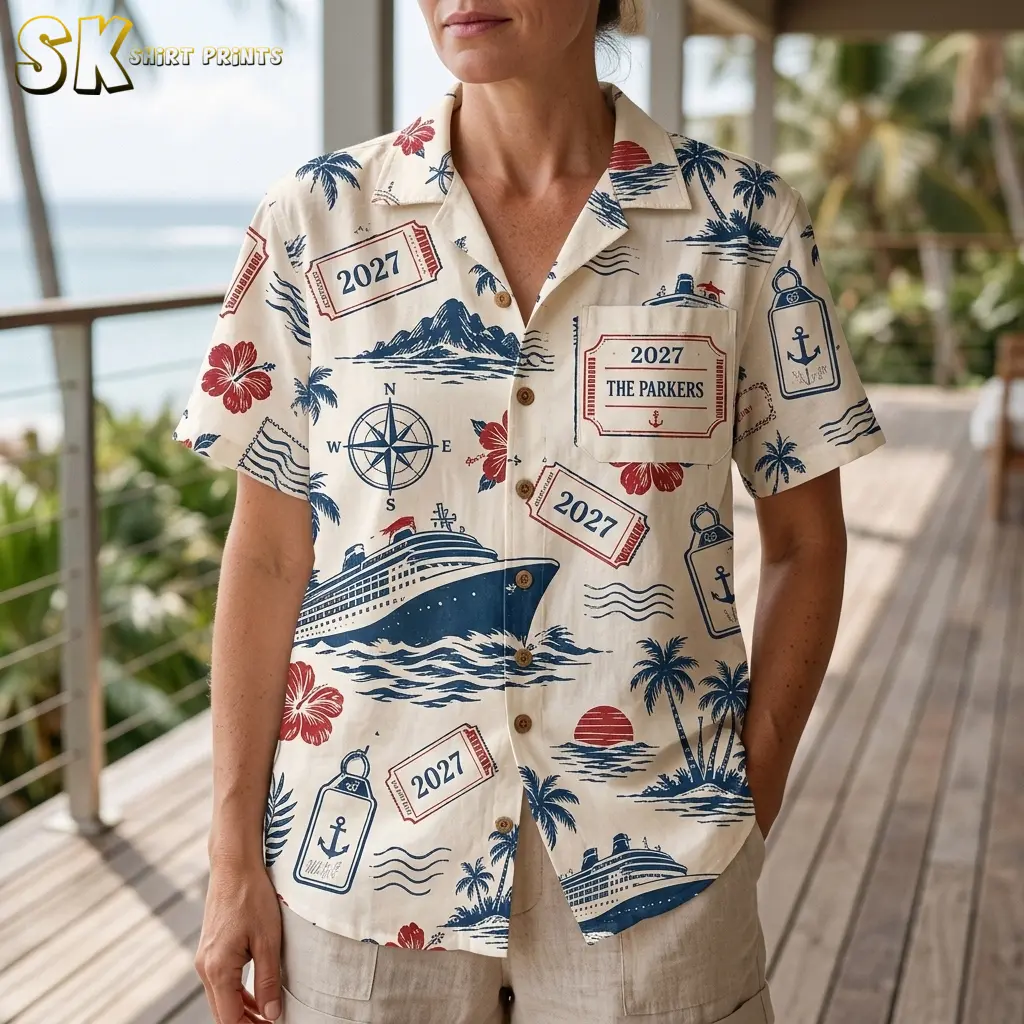 A woman wears a cream cruise-print button-up shirt with a “2027 THE PARKERS” pocket, compass rose, and large navy ship.