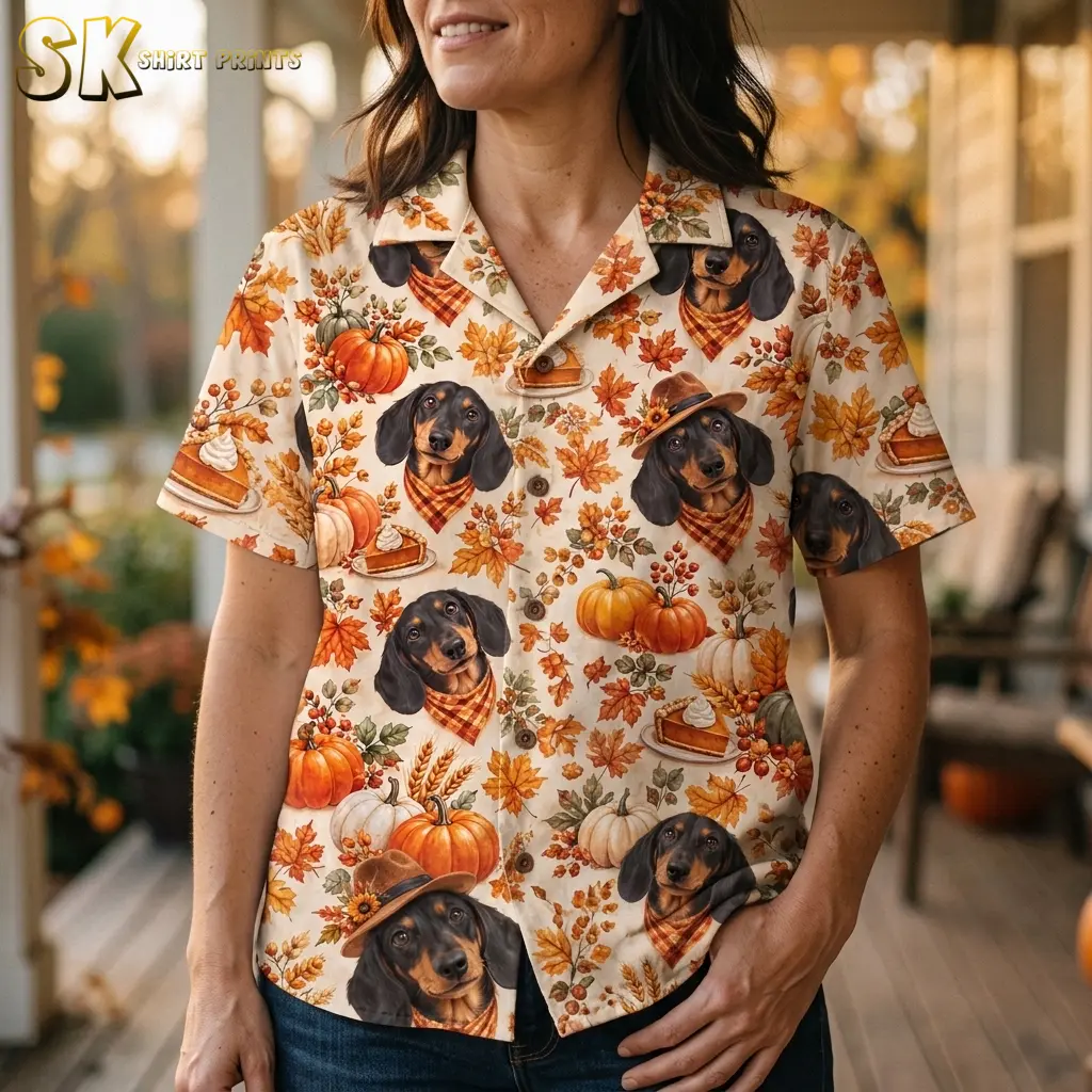 A woman wears a cream Thanksgiving aloha shirt with hat-wearing dachshunds, pumpkin pie slices, and fall leaves in a close-up porch portrait.