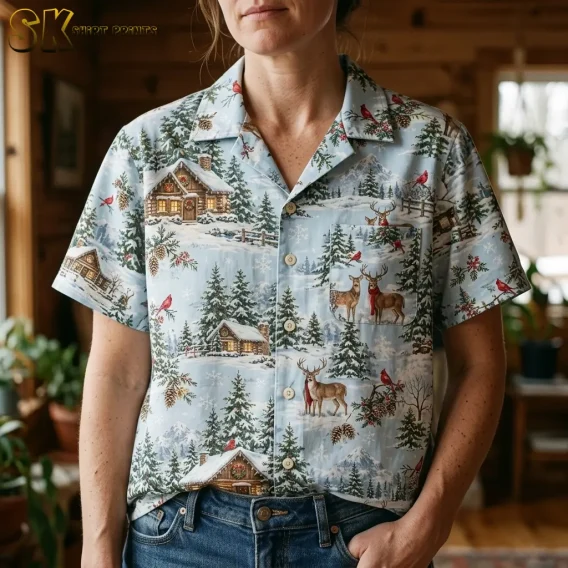 A woman wears a light blue winter-print shirt indoors, with a close-up showing the collar, front buttons, and deer-patterned chest pocket.