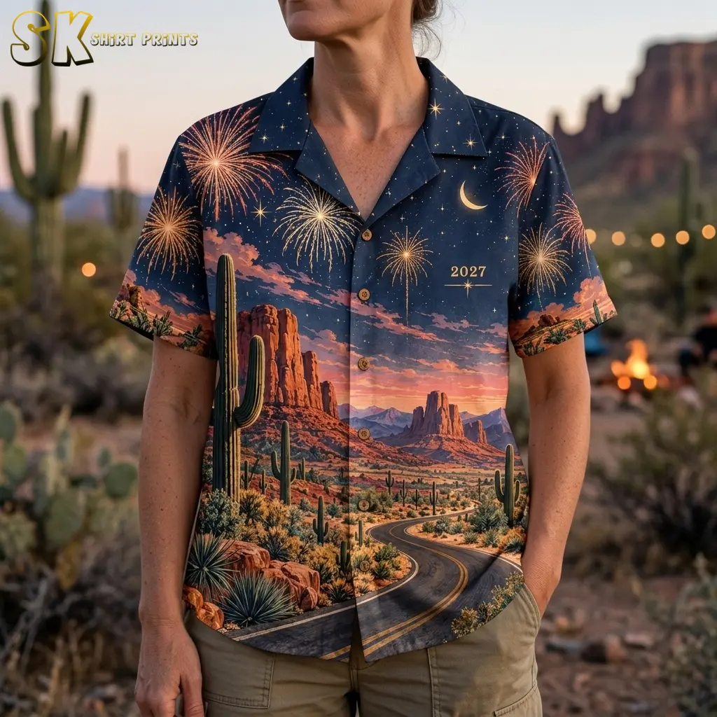 A woman wears the desert-print button-up with tan pants, showing a crescent moon, fireworks, and 2027 lettering across the upper front.