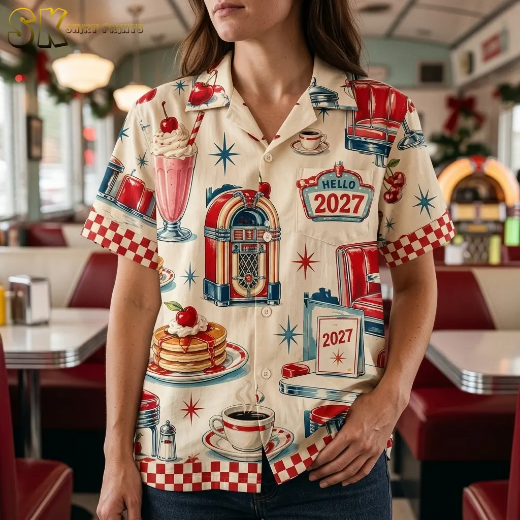 A woman wears the cream diner-print shirt with jeans, showing its notched collar, “HELLO 2027” chest pocket, and large jukebox illustration.