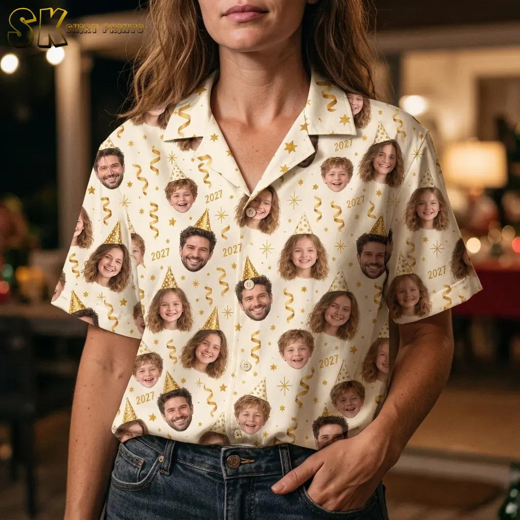 A woman wears the cream face-print shirt tucked into jeans, with gold streamers, party hats, and 2027 text visible across the front.