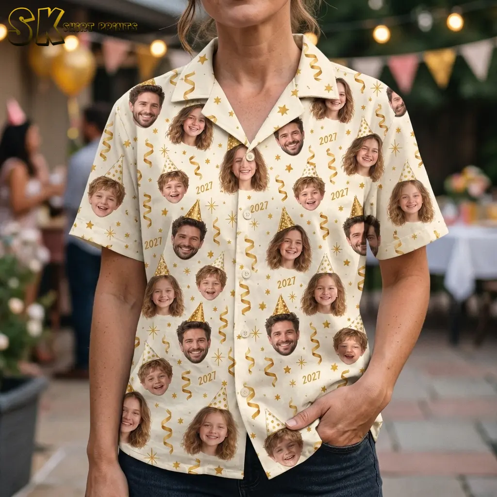 A woman wears an ivory face-print shirt with gold party hats and 2027 numbers, with one hand tucked into her jeans pocket.