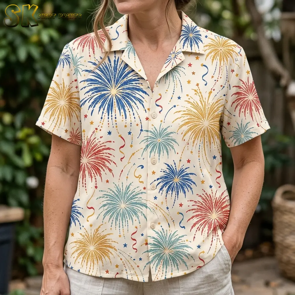 A woman wears the ivory firework shirt with light-colored pants, showing the collar, front buttons, and short sleeves up close.