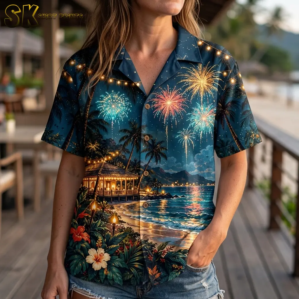 A woman wears the fireworks-print button-up shirt with denim shorts, showing the camp collar and tropical beach artwork up close.