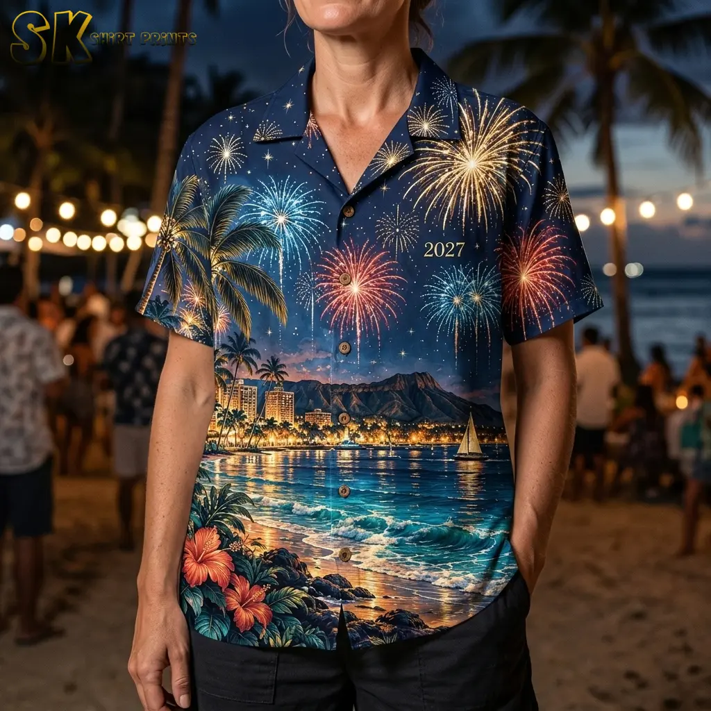 A woman wears the navy New Year 2027 shirt with black shorts, showing its fireworks print and illustrated ocean waves.