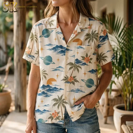 A woman wears the cream tropical-print shirt with denim shorts, showing its camp collar, buttons, and floral chest pocket.