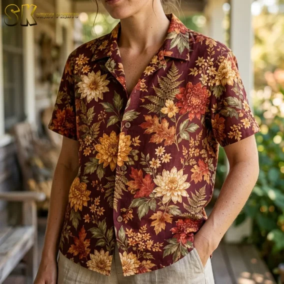 A close-up of a woman wearing the burgundy botanical shirt shows its open collar, front buttons, and red and cream flowers.