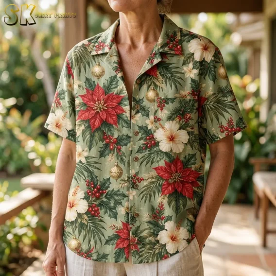A woman wears a green holiday floral shirt in a torso close-up showing the open collar, front buttons, and chest pocket.