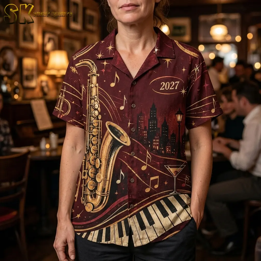 A woman wears the burgundy jazz-print shirt in a bar, with the collar, front buttons, gold saxophone, and curved piano-key hem clearly visible.