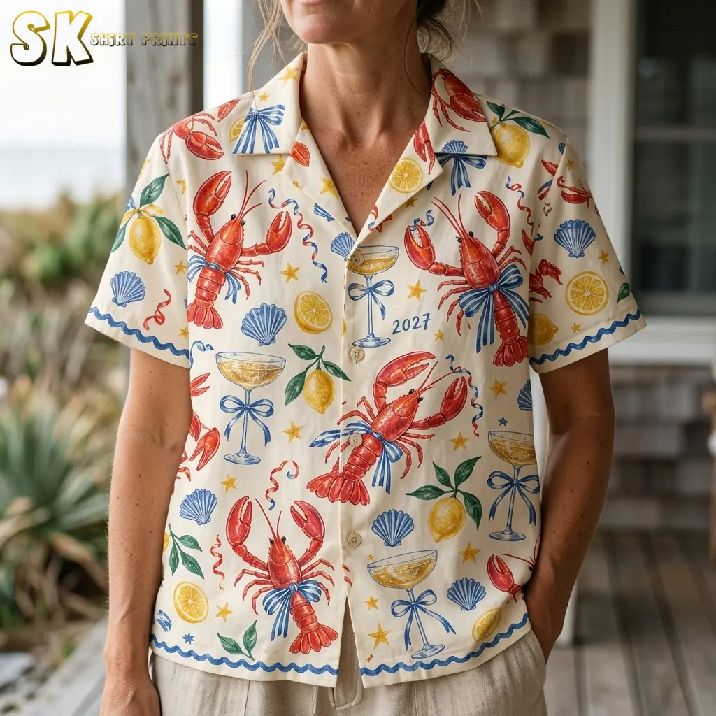 A close-up of a woman wearing the lobster-print shirt shows its open camp collar, front buttons, and champagne-glass artwork.