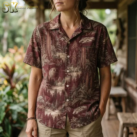 A woman wears a maroon button-up shirt with a chest pocket and detailed beige forest and spacecraft motifs on a wooden porch.