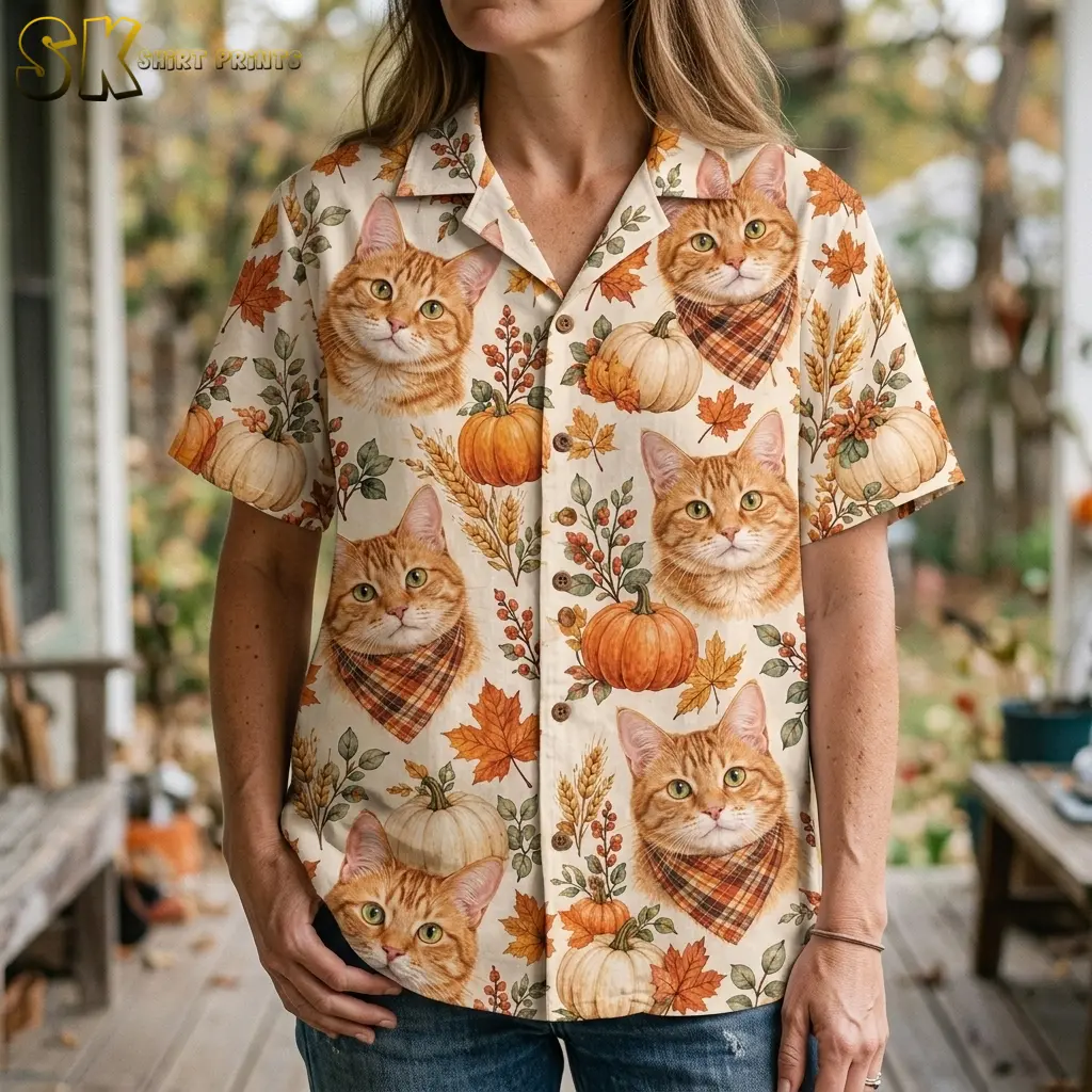 A woman wears a cream short-sleeve shirt featuring orange tabby cats, including cats in plaid bandanas, in a close front crop.