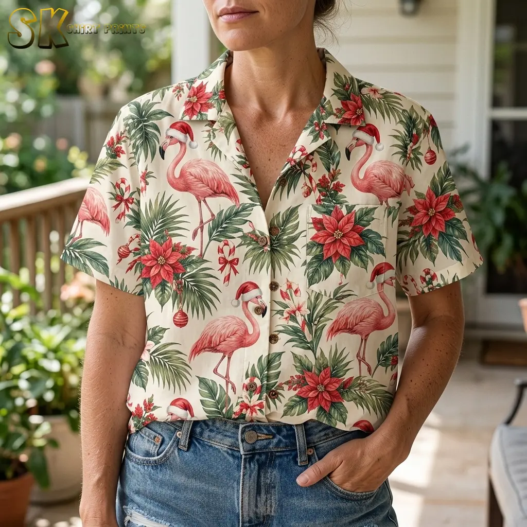 A woman wears a cream Santa-hat flamingo shirt tucked into denim shorts, with the collar and button front shown close up.