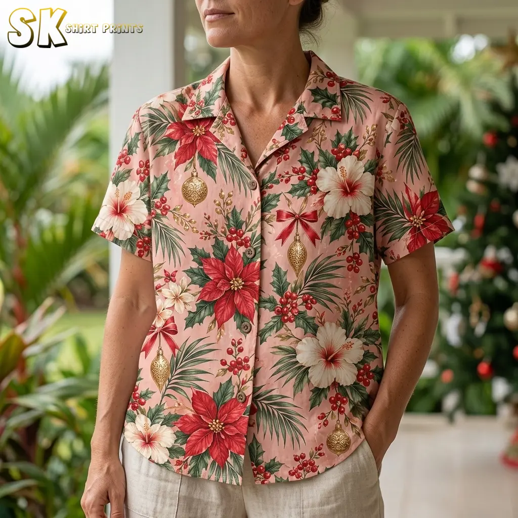 A woman wears a pink Christmas-themed Hawaiian shirt in a close-up showing its collar, buttons, red bows, and white hibiscus print.