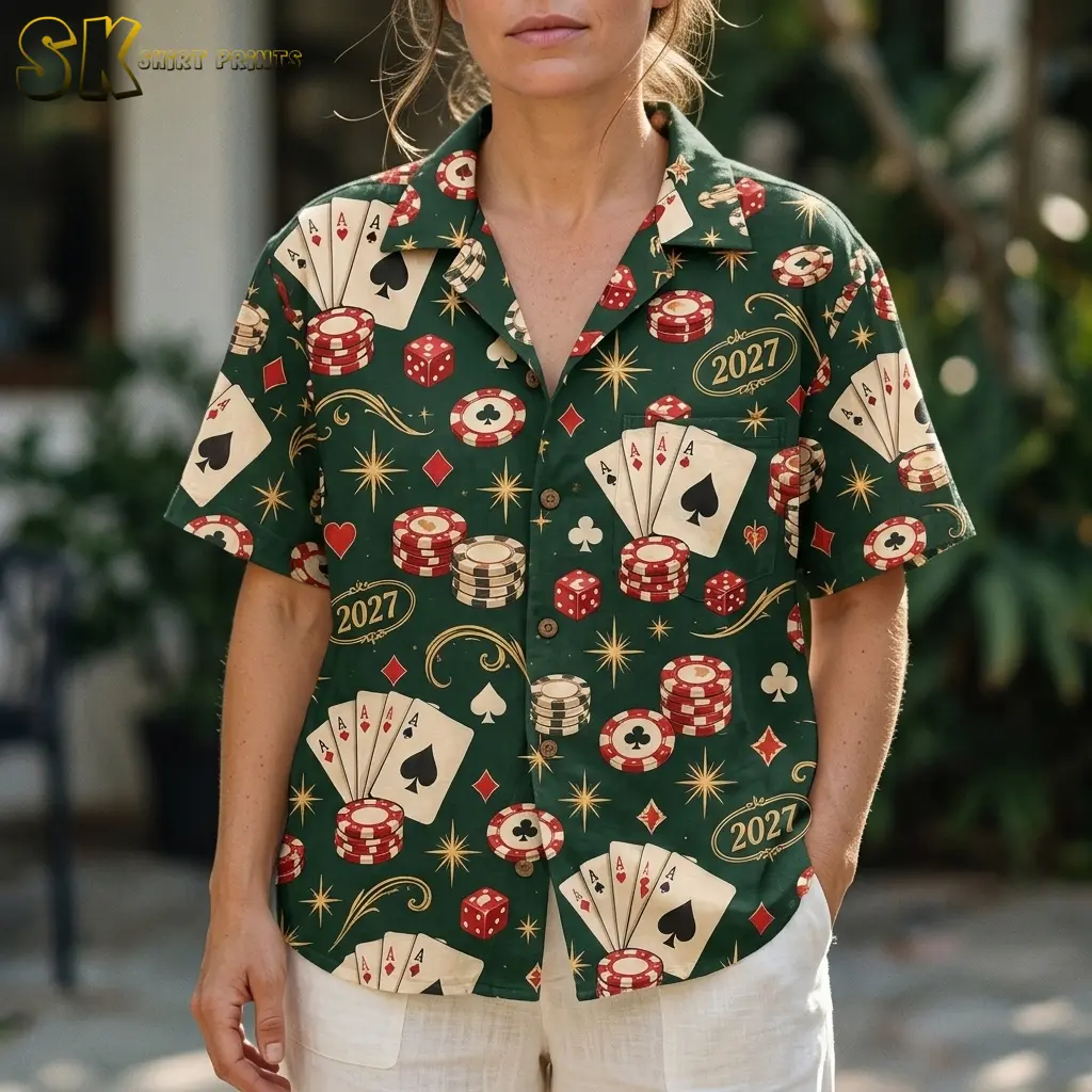 A woman wears a green collared shirt with playing-card fans, red dice, poker chips, and 2027 lettering over white shorts.