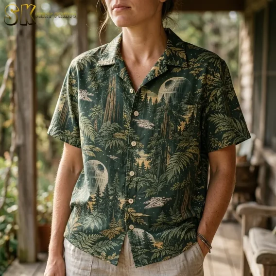 A woman wears a green Star Wars Hawaiian button-up shirt, with the collar, light buttons, and spacecraft print visible up close.