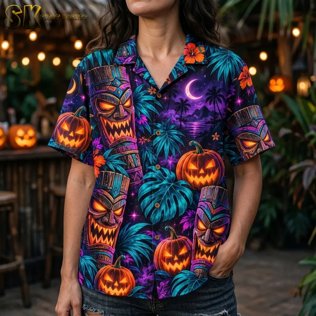 A woman wears a pumpkin Hawaiian shirt with orange jack-o'-lanterns, fierce tiki faces, and turquoise leaves in a close-up front shot.