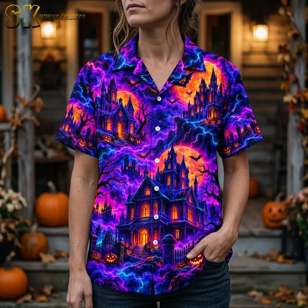 A woman wears a spooky Hawaiian shirt featuring orange moons and a large purple mansion, with one hand in her jeans pocket.