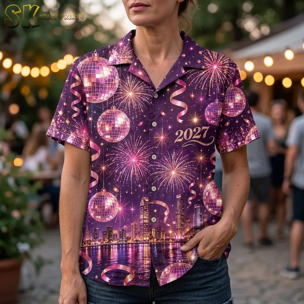 A woman wears a purple 2027 button-up shirt with large pink disco balls and fireworks, with one hand in her jeans pocket.