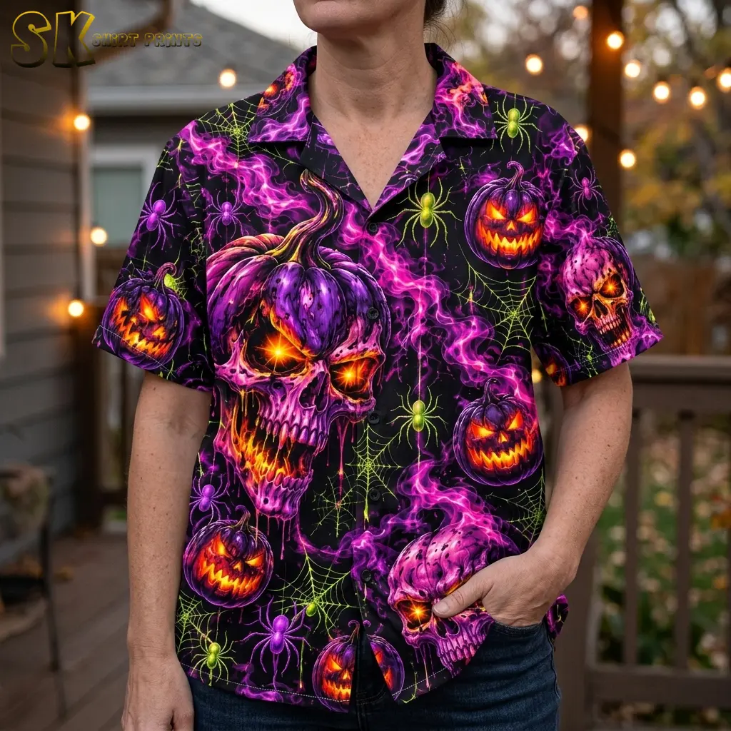 A woman models a spooky Hawaiian shirt in a close-up showing its collar, front buttons, and oversized purple skull-pumpkin print.