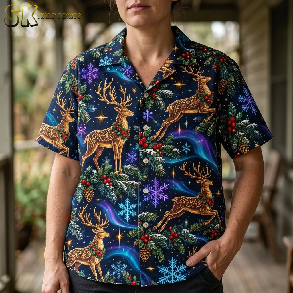 A woman wears a collared holiday shirt with swirling details on golden-brown reindeer and bright blue and purple snowflakes.