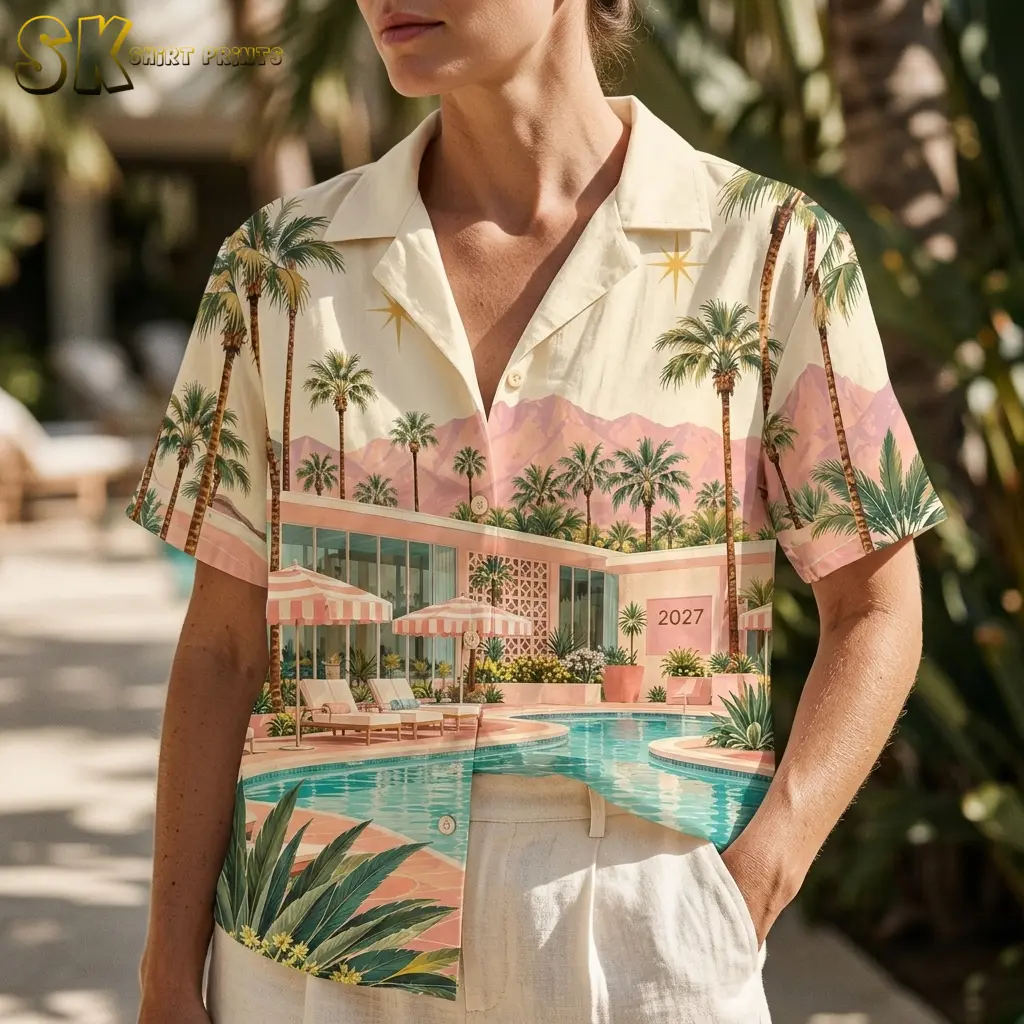A woman wears the cream resort-print shirt partly tucked into white pants, with the camp collar and “2027” building detail visible.