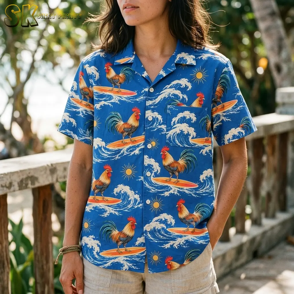 A woman wears a blue rooster Hawaiian shirt with beige shorts, showing the collar, buttons, and wave-patterned chest pocket.