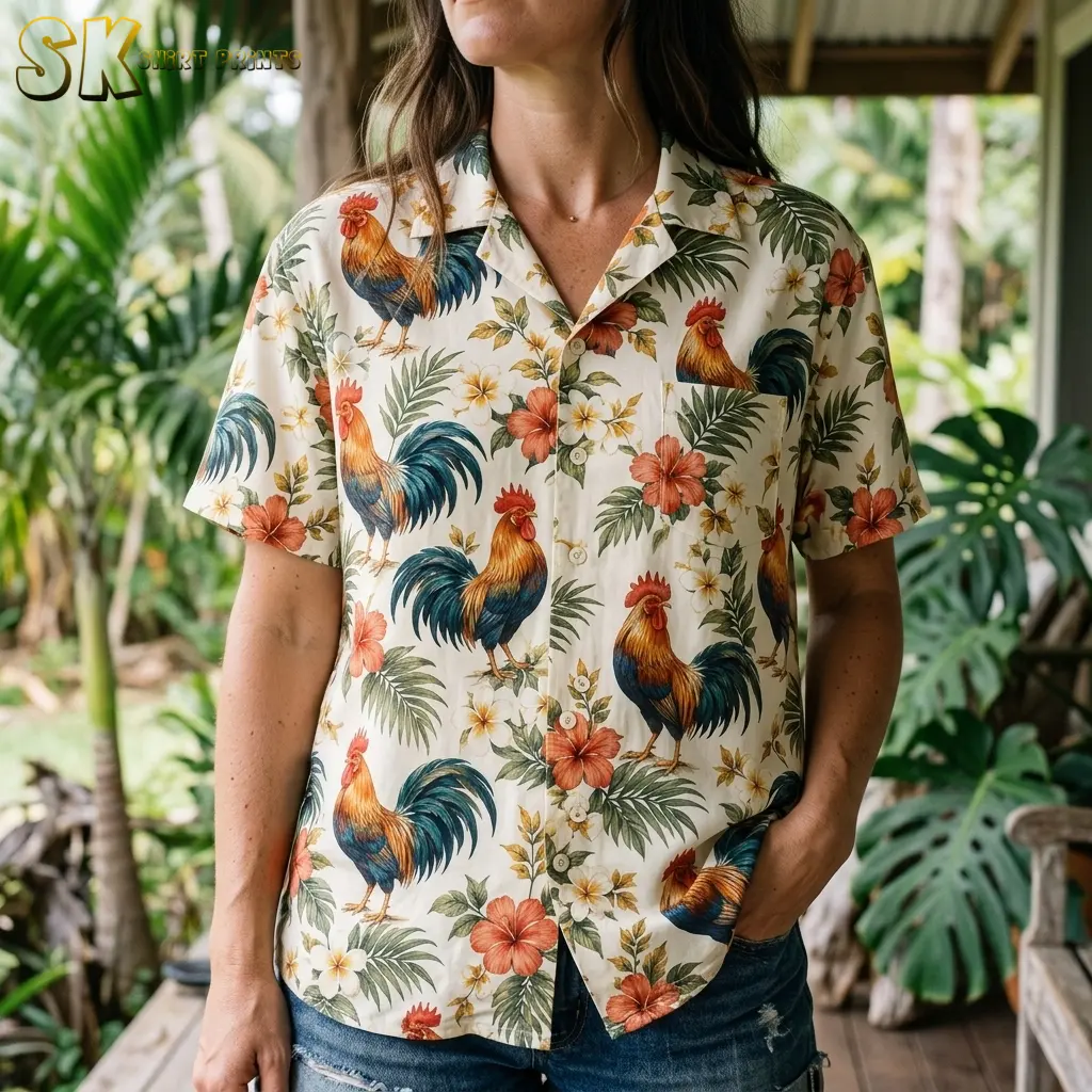 A woman wears a cream rooster Hawaiian shirt with denim shorts, showing the camp collar, buttons, and floral chest pocket.