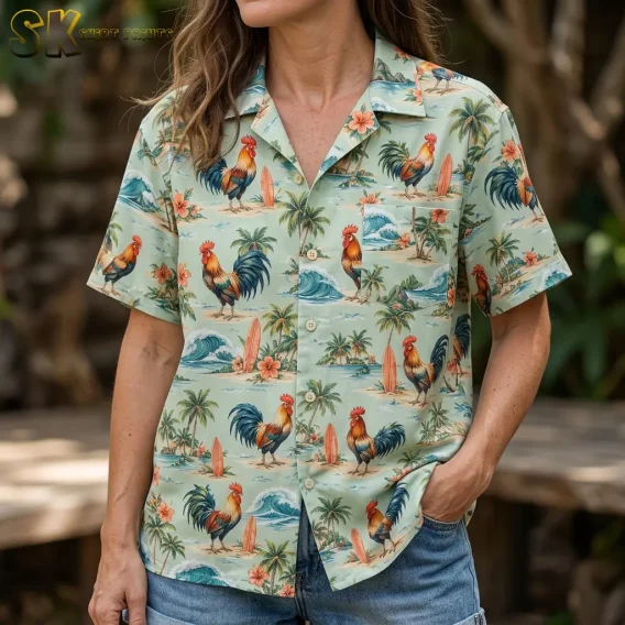 A woman wears a pale green rooster Hawaiian shirt with denim shorts, showing the camp collar, front buttons, and printed chest pocket.