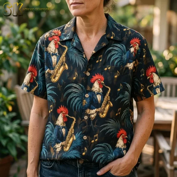 A woman wears a rooster Hawaiian shirt with dark jeans, showing the chest pocket, light-colored buttons, and saxophone rooster print.