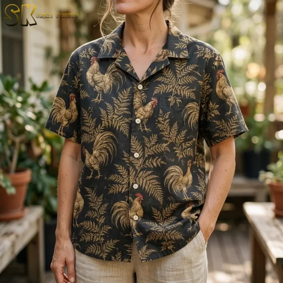 A woman wears a dark rooster Hawaiian shirt with light-colored shorts, showing the collar, chest pocket, and golden print up close.