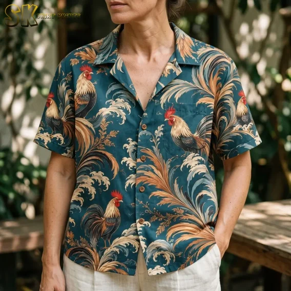 A close-up of a woman wearing a teal rooster Hawaiian shirt shows the open collar, brown buttons, and rooster across the chest pocket.