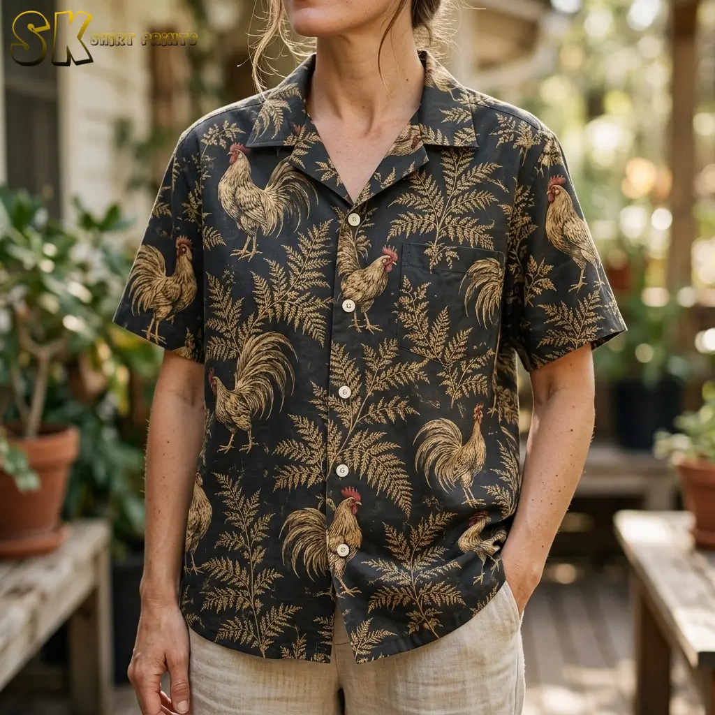 A woman wears a dark rooster Hawaiian shirt with light-colored shorts, showing the collar, chest pocket, and golden print up close.