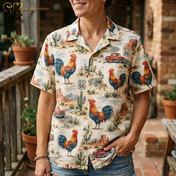 A woman wears a cream rooster Hawaiian shirt with denim shorts, showing the chest pocket, button front, and colorful rooster artwork.